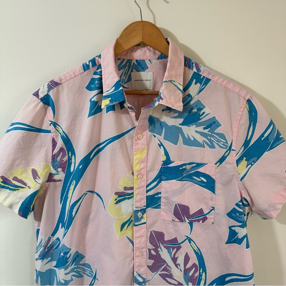 American Eagle Hawaiian Button Down Shirt Pink Blue Cotton Short Sleeve Men’s XL - Picture 4 of 9